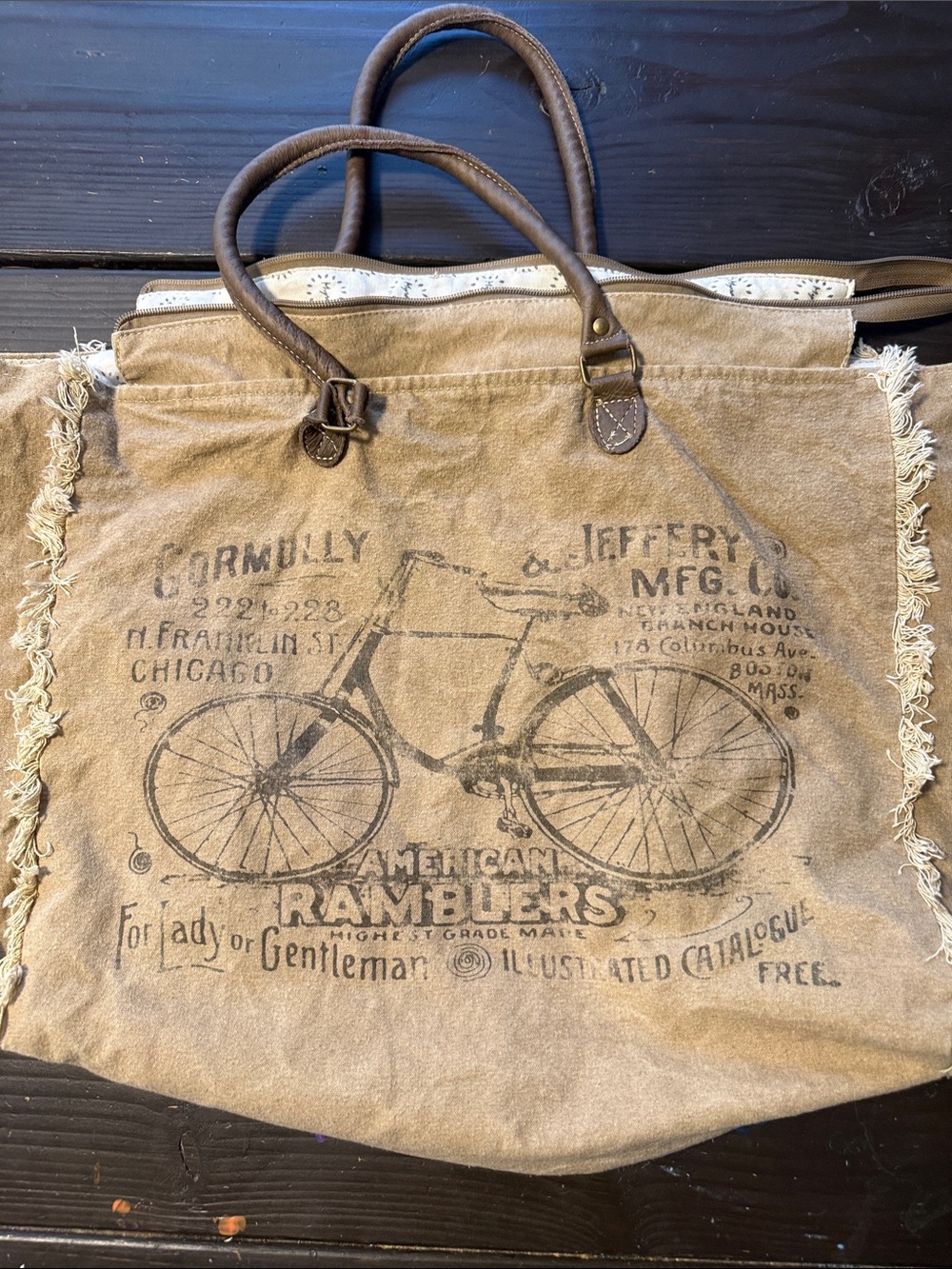 Myra Bag Brown Canvas Tote with Bicycle Print